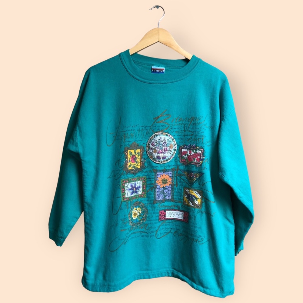 Vintage 80s/90s Teal Floral Abstract Artsy Long Sleeved Cotton Canvas Shirt S